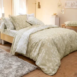 Housse de couette motifs feuilles bicolore beige DIANA