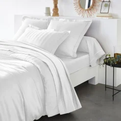 Housse De Couette Satin De Coton 2 faces uni / rayé TERTIO® -Blanc