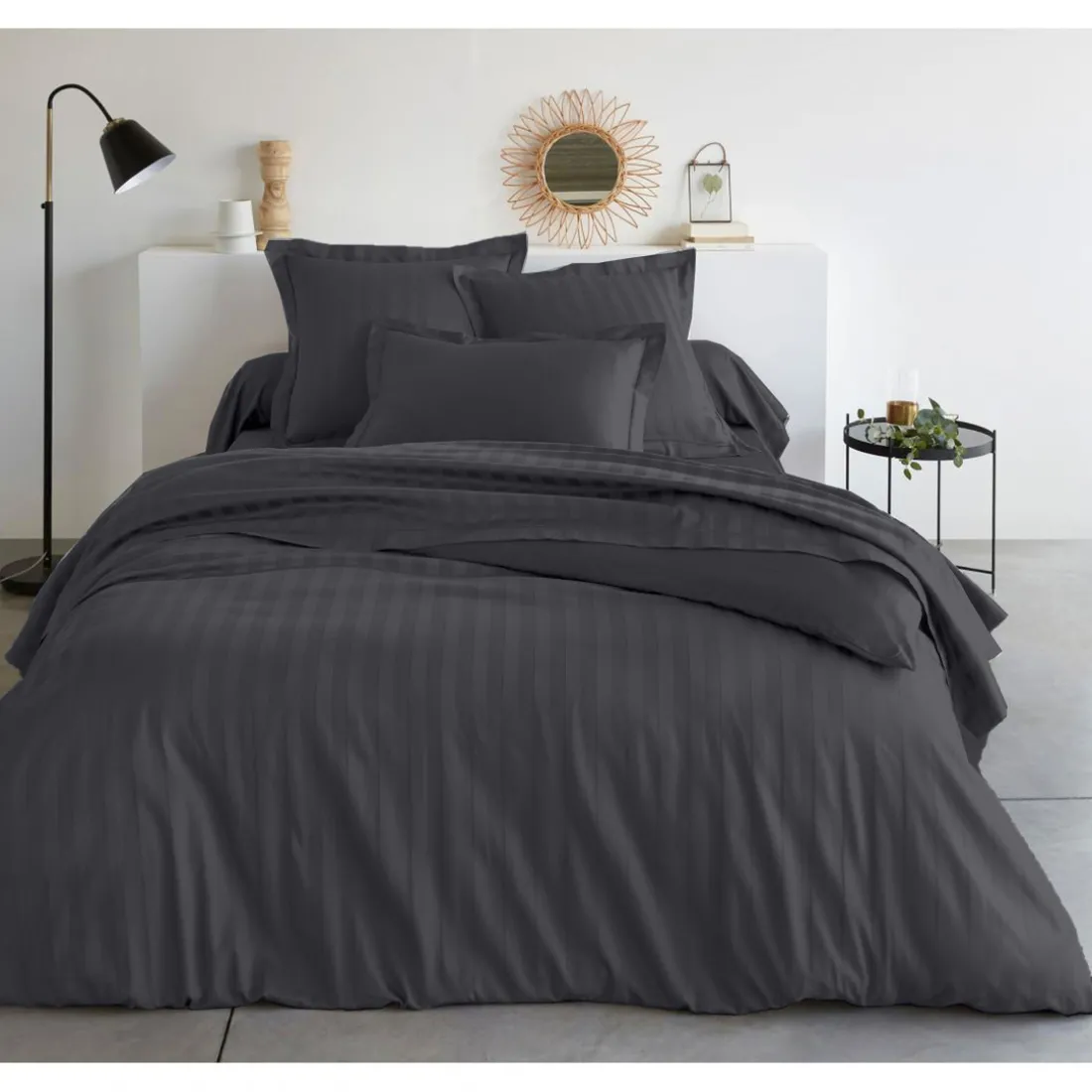 Housse de couette satin de coton 2 faces uni / rayé TERTIO® - Anthracite