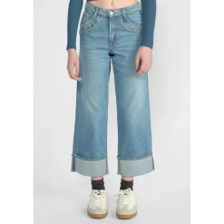Jeans fille, regular, droit regular large taille haute, longueur 34 bleu Lise en coton