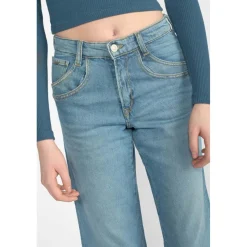 Jeans fille, regular, droit regular large taille haute, longueur 34 bleu Lise en coton