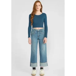 Jeans fille, regular, droit regular large taille haute, longueur 34 bleu Lise en coton