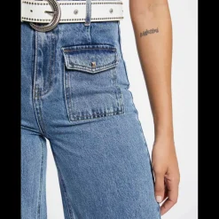 Jeans large taille haute bleu en coton