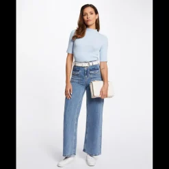 Jeans large taille haute bleu en coton
