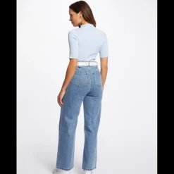 Jeans large taille haute bleu en coton
