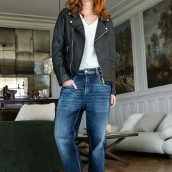 Jeans loose, large 400/60 girlfriend taille haute, longueur 34 bleu Lina