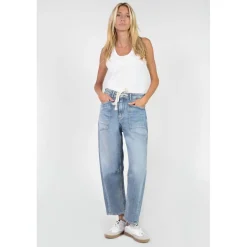 Jeans loose, large balloon taille haute, longueur 34 bleu en coton Rhea