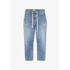 Jeans loose, large balloon taille haute, longueur 34 bleu en coton Rhea