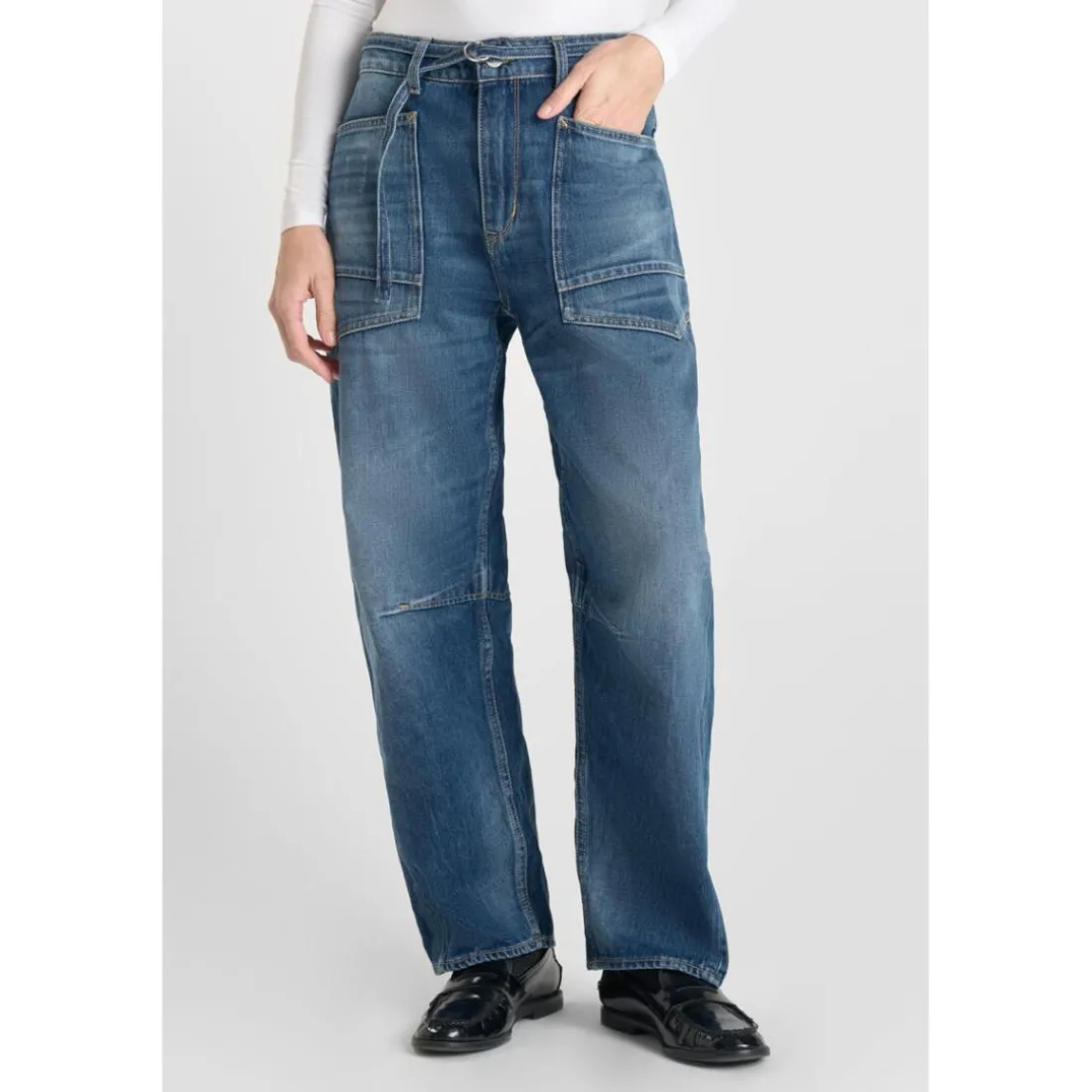 Jeans loose, large balloon taille haute, longueur 34 bleu Gwen