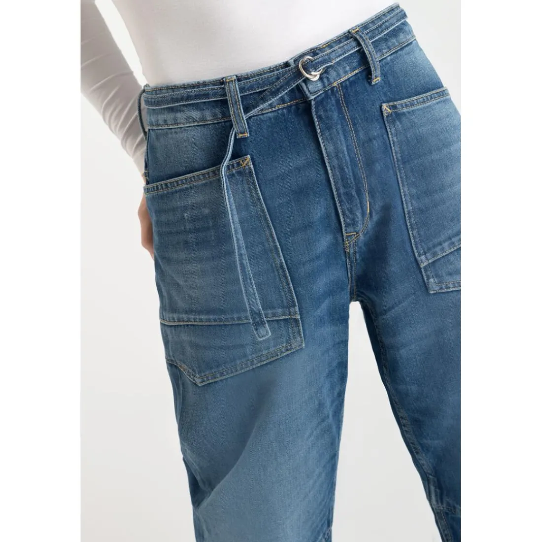 Jeans loose, large balloon taille haute, longueur 34 bleu Gwen