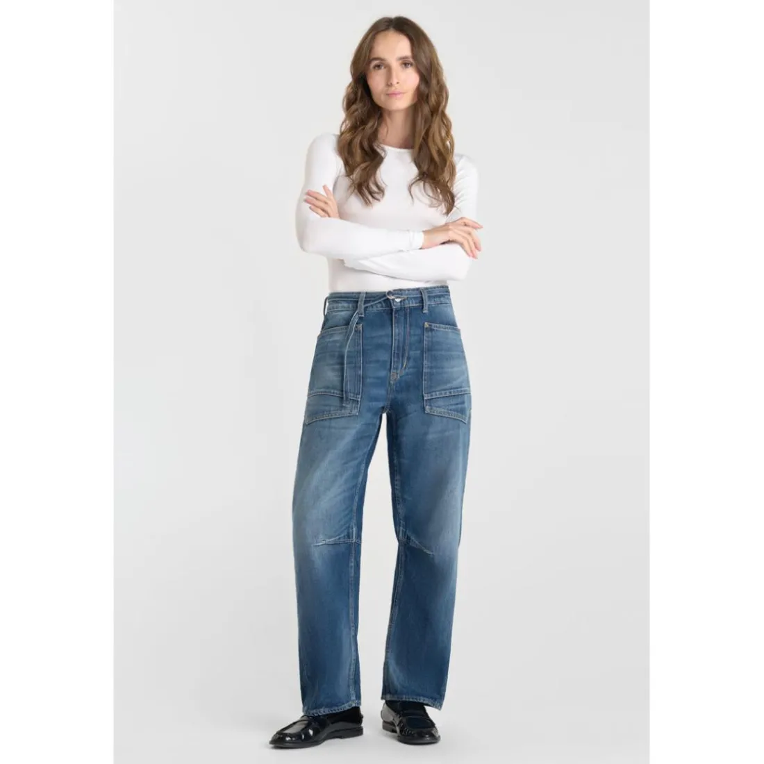 Jeans loose, large balloon taille haute, longueur 34 bleu Gwen