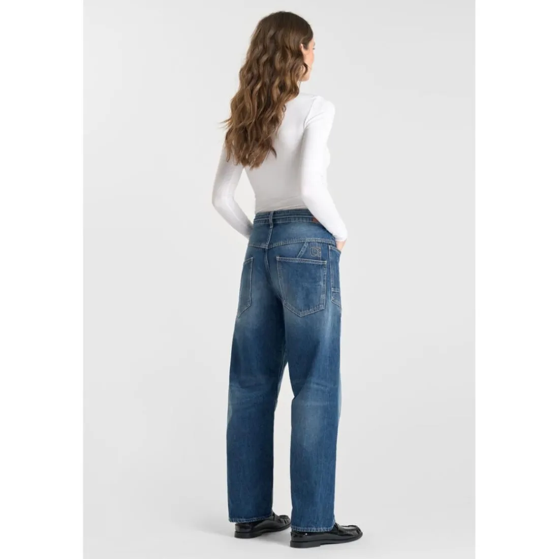 Jeans loose, large balloon taille haute, longueur 34 bleu Gwen