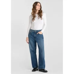 Jeans loose, large balloon taille haute, longueur 34 bleu en coton Nia