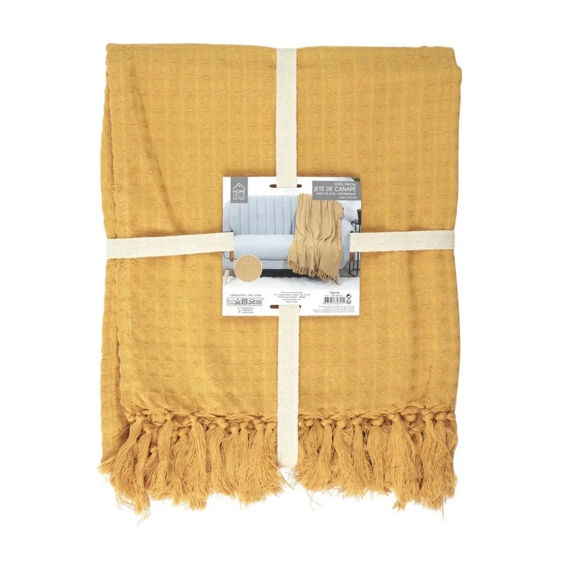 Jeté De Canapé Gaufre Jaune Ocre en coton