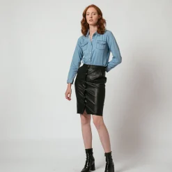 Jupe midi boutonnée en simili Judy