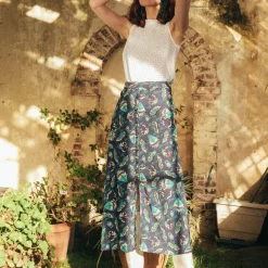 Jupe mi-longue boutonnée Caly Réédition bleu en viscose