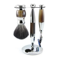 Kit Rasage 3 Pièces Gillette Fusion ProGlide - Blaireau + Rasoir + Support - Chrome et Corne Claire