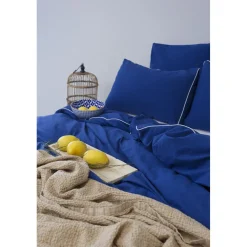 Les signatures - Housse de couette en percale de coton - Bleu marine/passepoil blanc