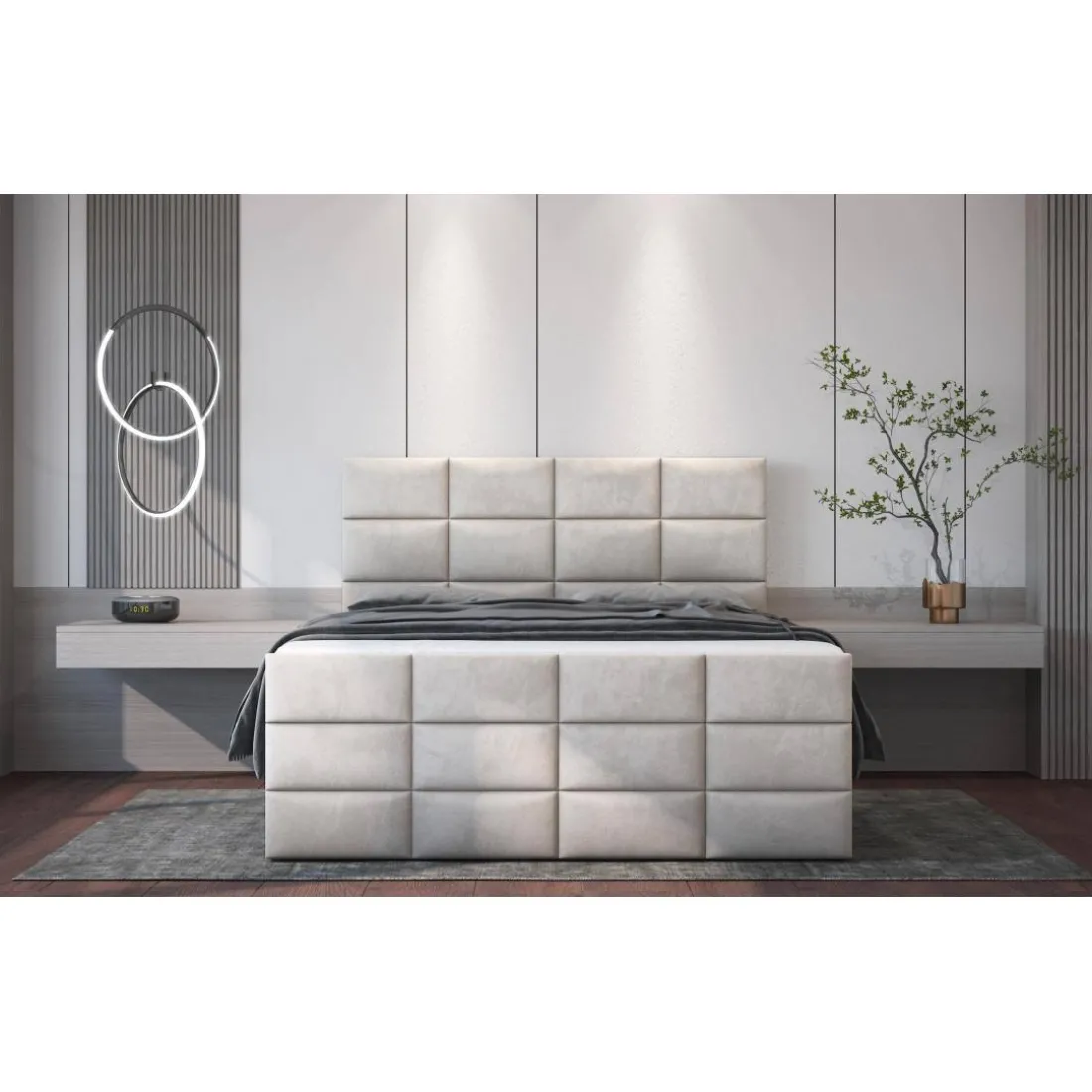 Lit boxspring avec matelas et sur-matelas inclus Postan Velours Beige