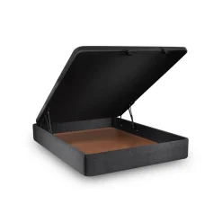 Lit coffre avec tête de lit lignes Tissu Noir