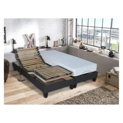 Lit Relaxation 100% Latex 5 Zones + Sommier Tissu Gris Déco Lattes Flexibles Avec Réglage Fermeté Au Niveau Lombaire