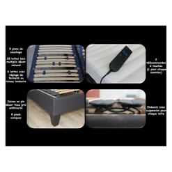 Lit Relaxation 100% Latex 5 Zones + Sommier Tissu Gris Déco Lattes Flexibles Avec Réglage Fermeté Au Niveau Lombaire