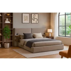 Lit-coffre complet avec tablettes et ports USB intégrés Lukas Tissu Taupe clair