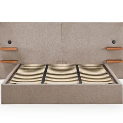 Lit-coffre complet avec tablettes et ports USB intégrés Lukas Tissu Taupe clair