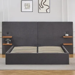 Lit-coffre complet avec tablettes et ports USB intégrés Lukas Tissu Gris