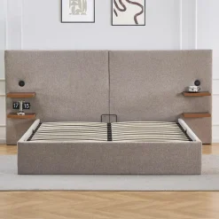 Lit-coffre complet avec tablettes et ports USB intégrés Lukas Tissu Taupe clair
