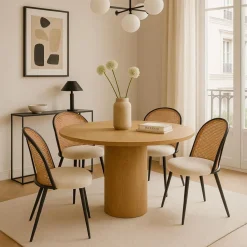 Lot de 4 chaises design Showan avec cannage Rotin et Tissu bouclette Crème