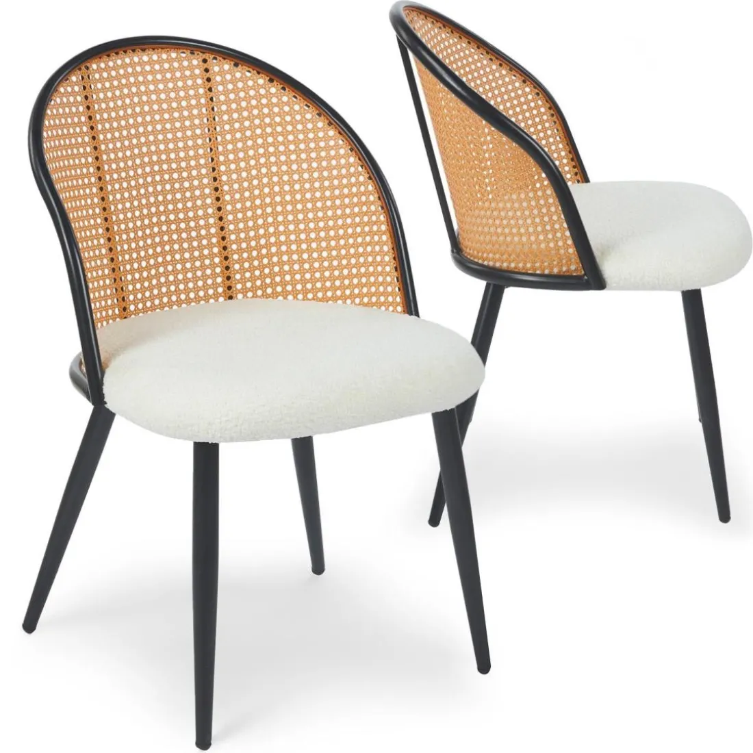 Lot de 2 chaises design Showan avec cannage Rotin et Tissu bouclette Crème