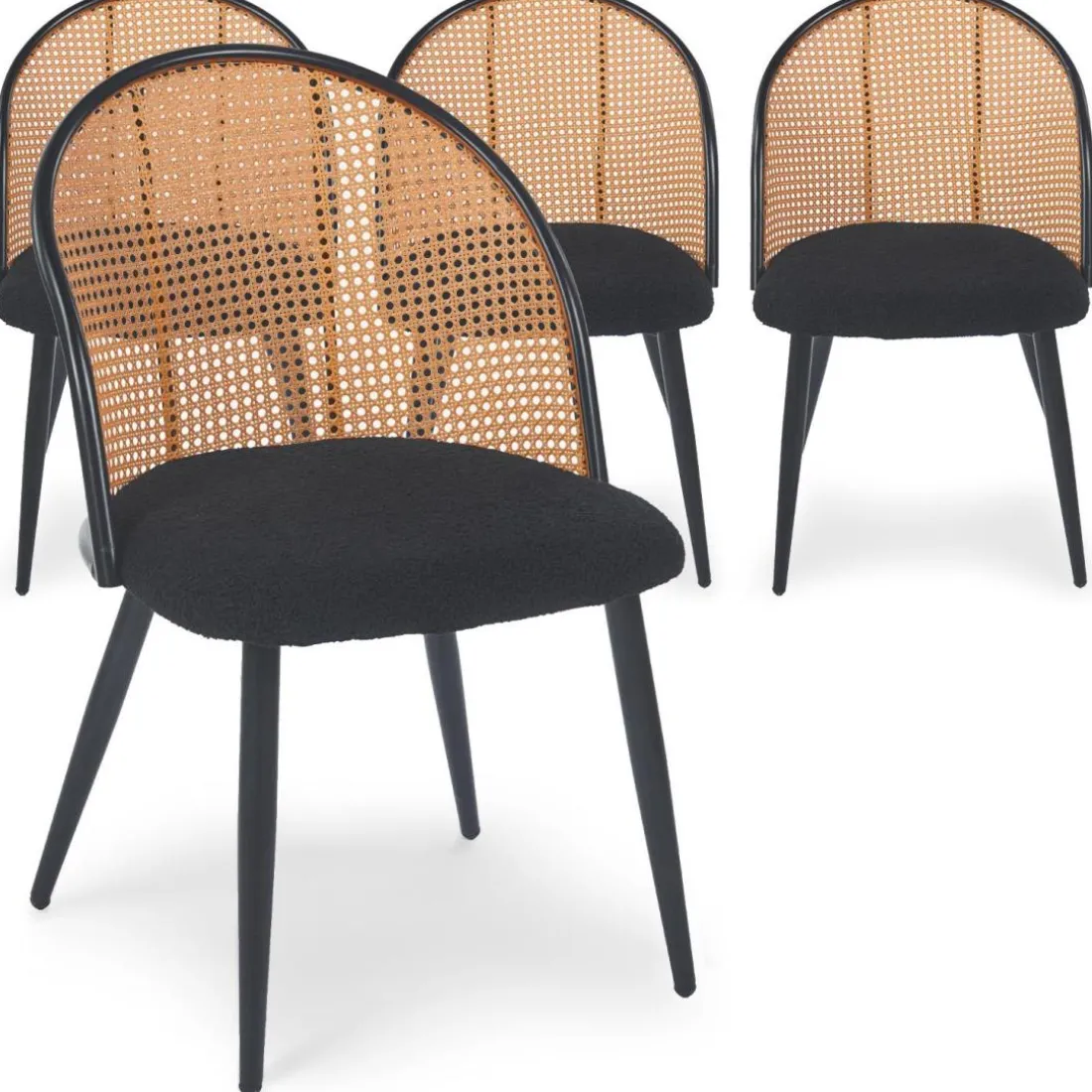 Lot de 4 chaises design Showan avec cannage Rotin et Tissu bouclette Noir