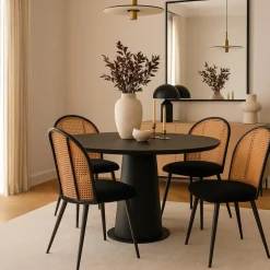 Lot de 8 chaises design Showan avec cannage Rotin et Tissu bouclette Noir