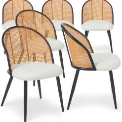 Lot de 6 chaises design Showan avec cannage Rotin et Tissu bouclette Crème