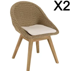 Lot de 2 chaises jardin rotin synthé. avec coussin pieds évasés KALLY