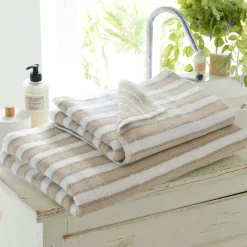 Lot de 2 gants de toilette mprimés rayures coton beige LAURA