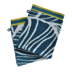 Lot de 2 Gants de toilette Coton éponge motifs feuilles EUCALYPTUS Bleu canard