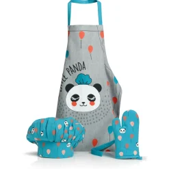 Lot Tablier Toque Gant de cuisine Panda Bleu clair/gris 52 x 63