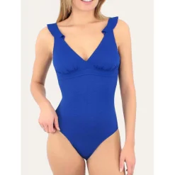 Maillot de bain 1 pièce plongeant à volant Bleu Janine Robin