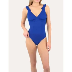 Maillot de bain 1 pièce plongeant à volant Bleu Janine Robin