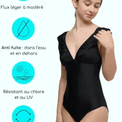 Maillot de bain menstruel 1 pièce Adolescente - Fluxoyen -ya noir en nylon