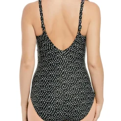 Maillot de bain une pièce plongeant à armatures Imprimé - Noir et Crème