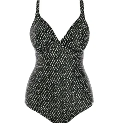 Maillot de bain une pièce plongeant à armatures Imprimé - Noir et Crème