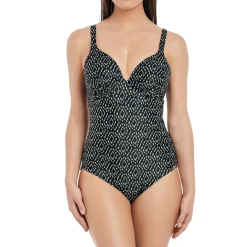 Maillot de bain une pièce plongeant à armatures Imprimé - Noir et Crème