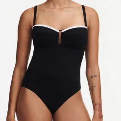 Maillot de bain une pièce sans armature et bretelle amovible - Noir/Blanc