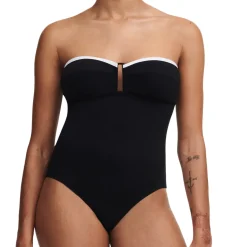 Maillot de bain une pièce sans armature et bretelle amovible - Noir/Blanc