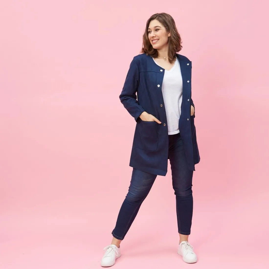 Manteau à pressions poches zippées et col rond grandes tailles femme - Bleu Marine