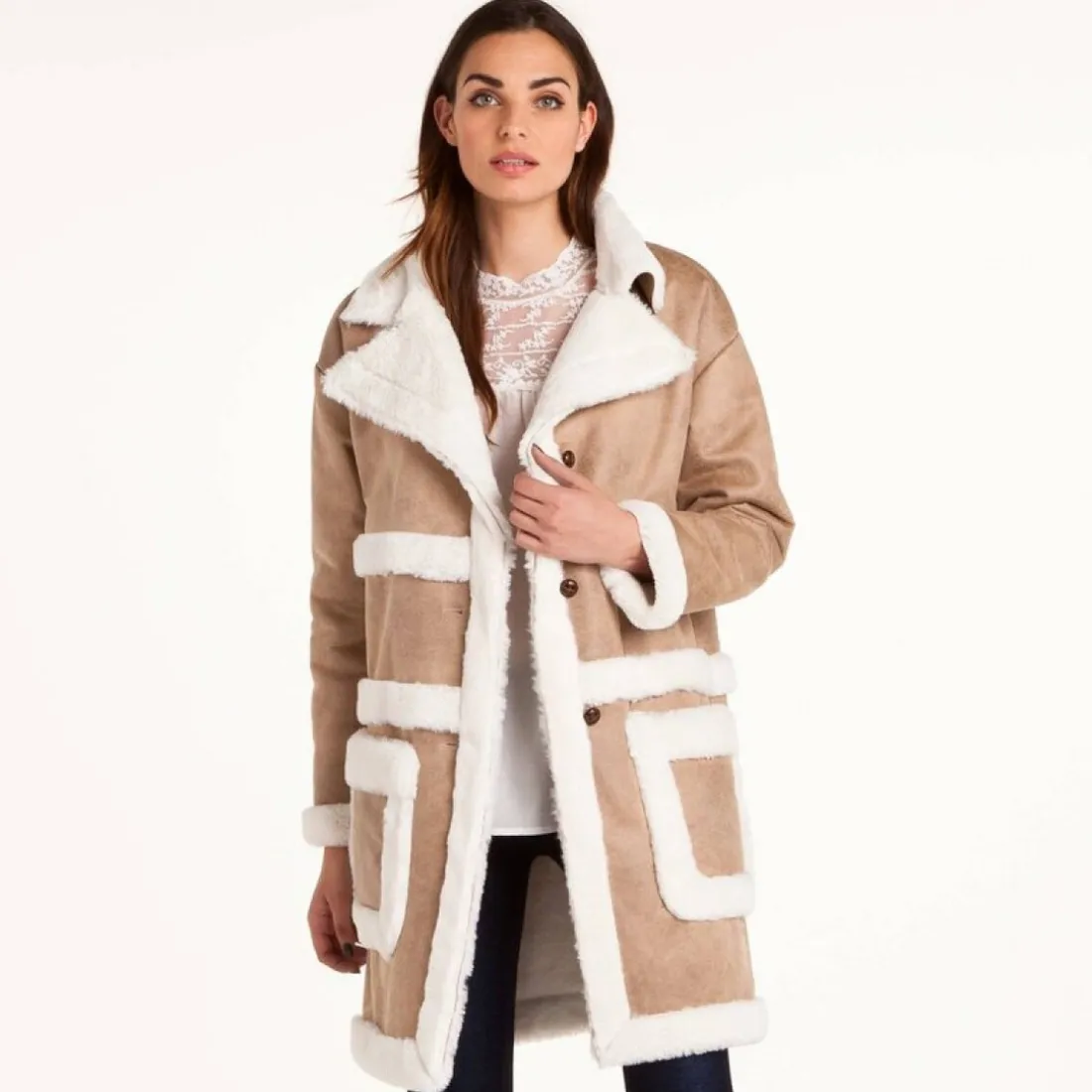 Manteau peau lainée femme 3 SUISSES Collection - Blanc beige en laine