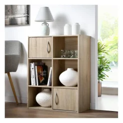 Meuble à 6 cases et 2 portes en bois beige